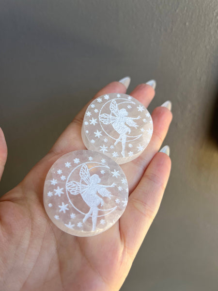 Selenite Etched Fairy Crystal Circle Carving