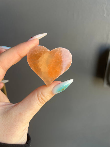 Peach Selenite Etched Cat Crystal Heart Carving