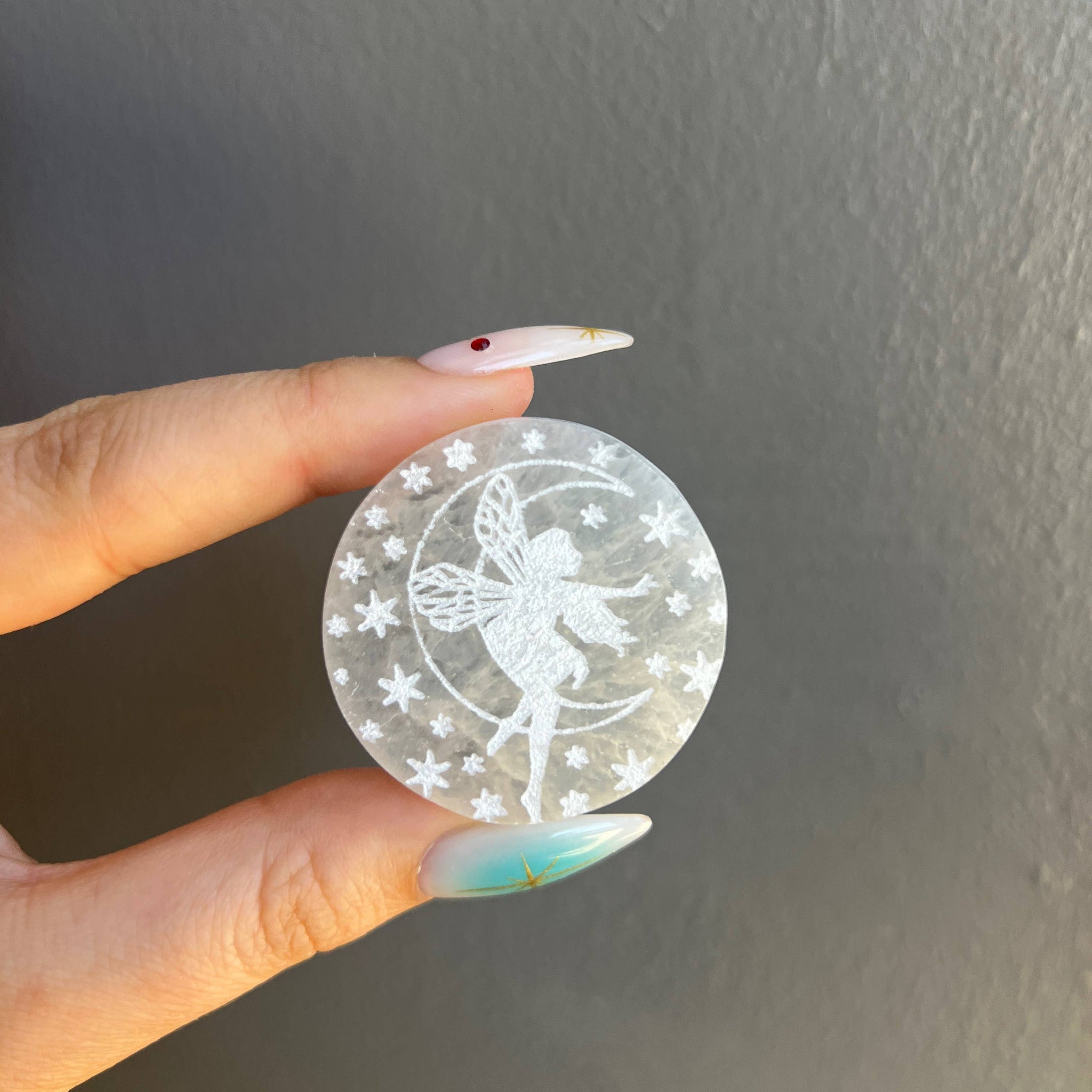 Selenite Etched Fairy Crystal Circle Carving